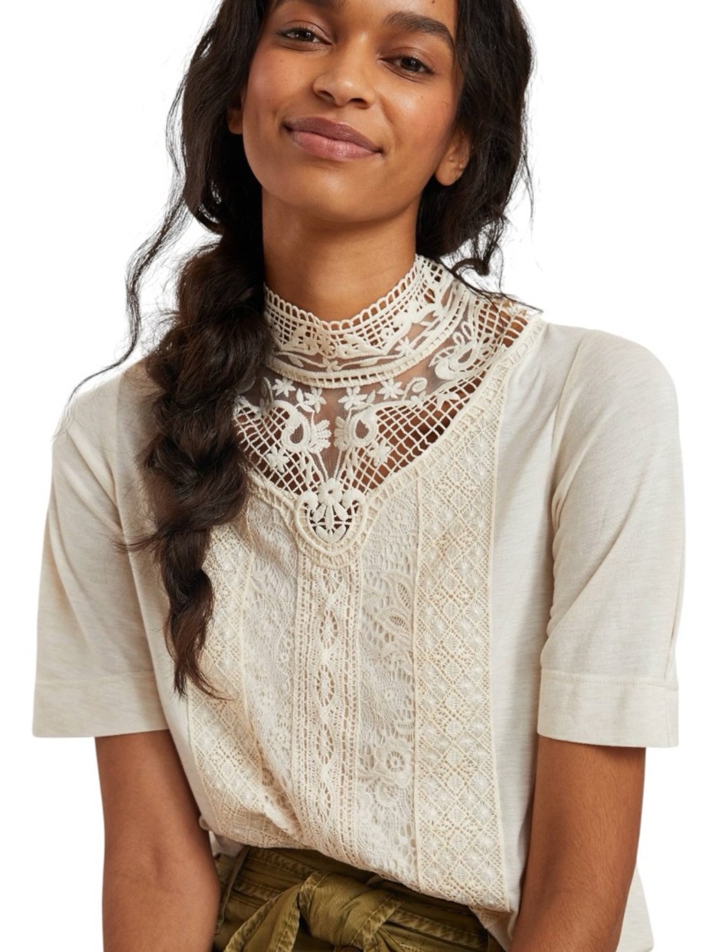 LN Anthropologie TINY Celine Ivory Embroidered Crochet Lace Knit Top - L